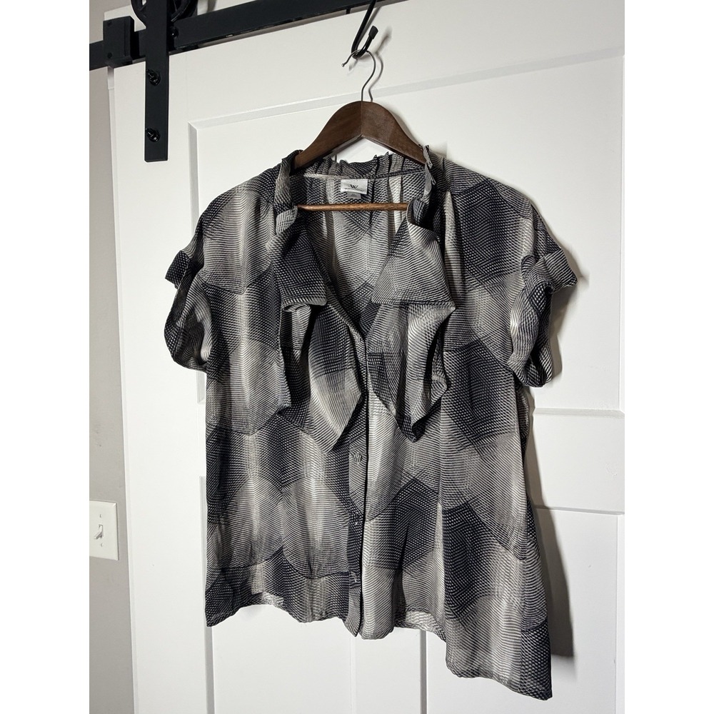 Worthington Womens XL Geometric Blouse Gray Black Button Front Roll Tab Career